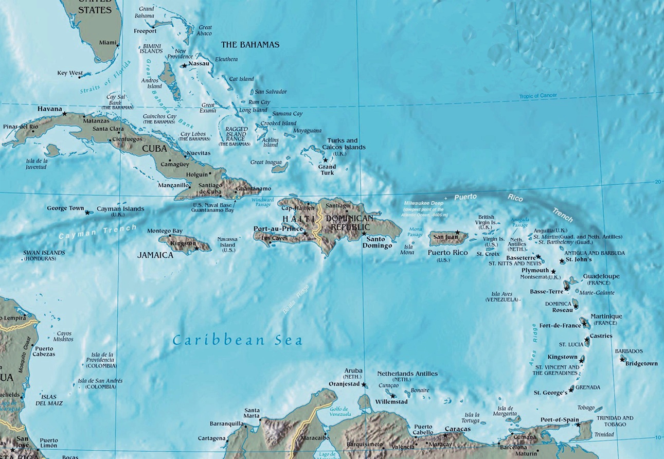 Остров Тортуга на карте Карибского бассейна