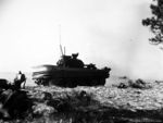 Duplex Drive Sherman lands on beach in southern France during Operation Dragoon, US Seventh Army, Red Beach Area, France. Aug. 15, 1944.jpg