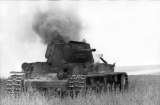 A KV-1 on fire, knocked out near Voronezh in 1942.