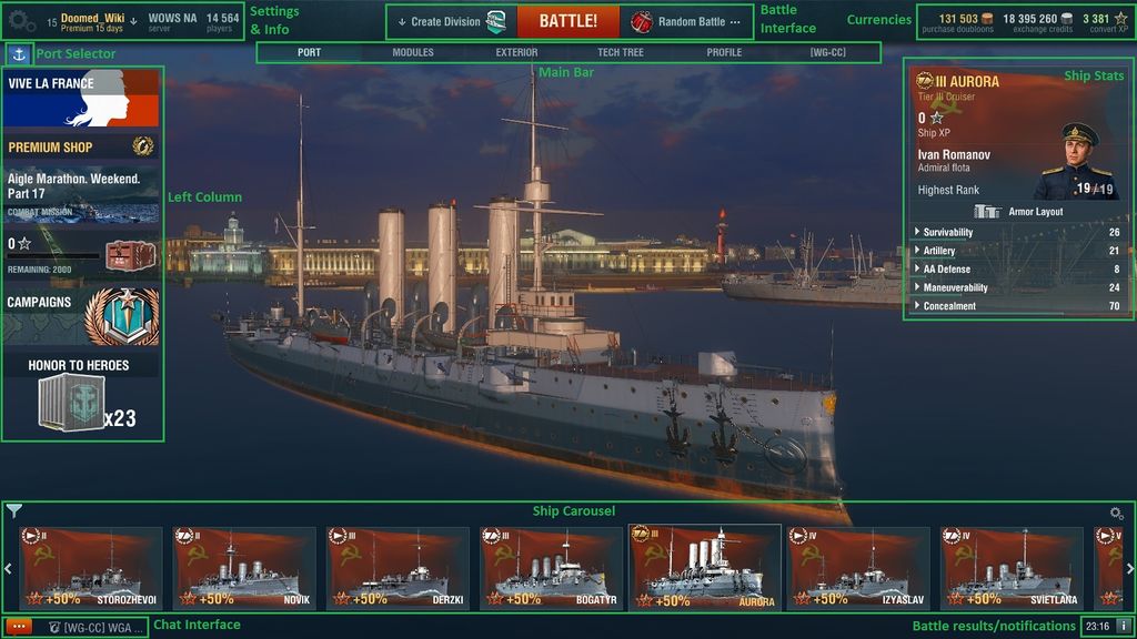 Der Hafenbildschirm, Ausgangspunkt für alle WoWs-Spieler.