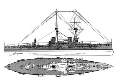 Side and top down drawings of Bellerophon, as she would have appeared between 1909 and 1914.
