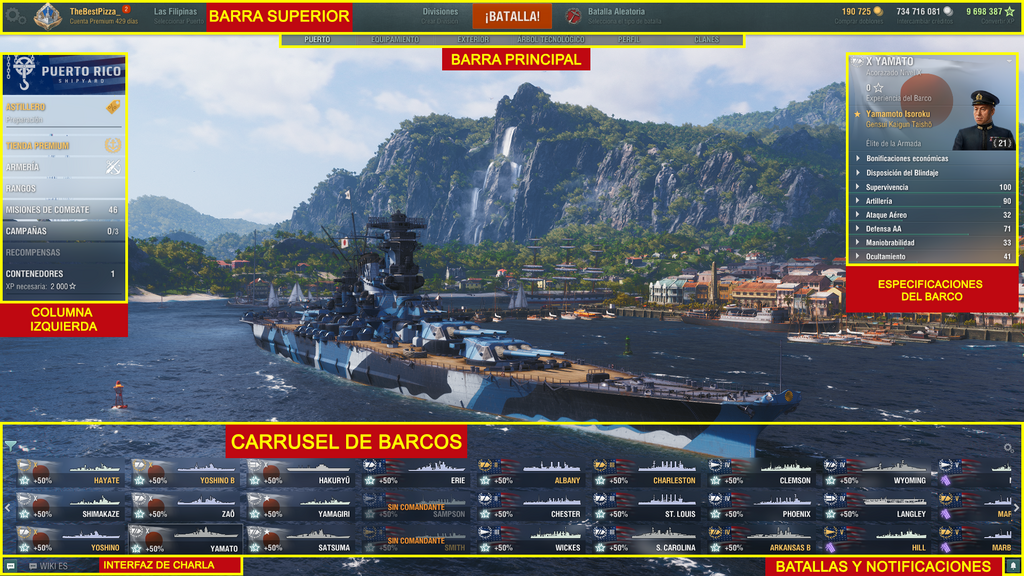 La pantalla del Puerto, la zona de aterrizaje de todos los jugadores de World of Warships.
